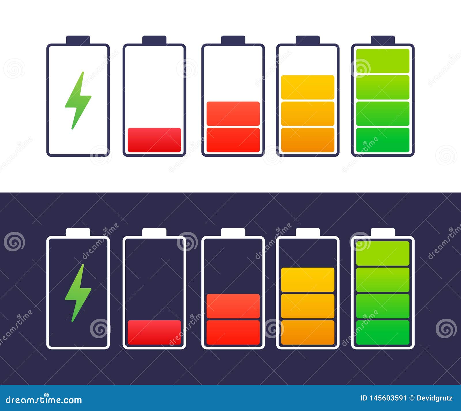 discharged and fully charged battery smartphone. set of battery charge level indicators.  .